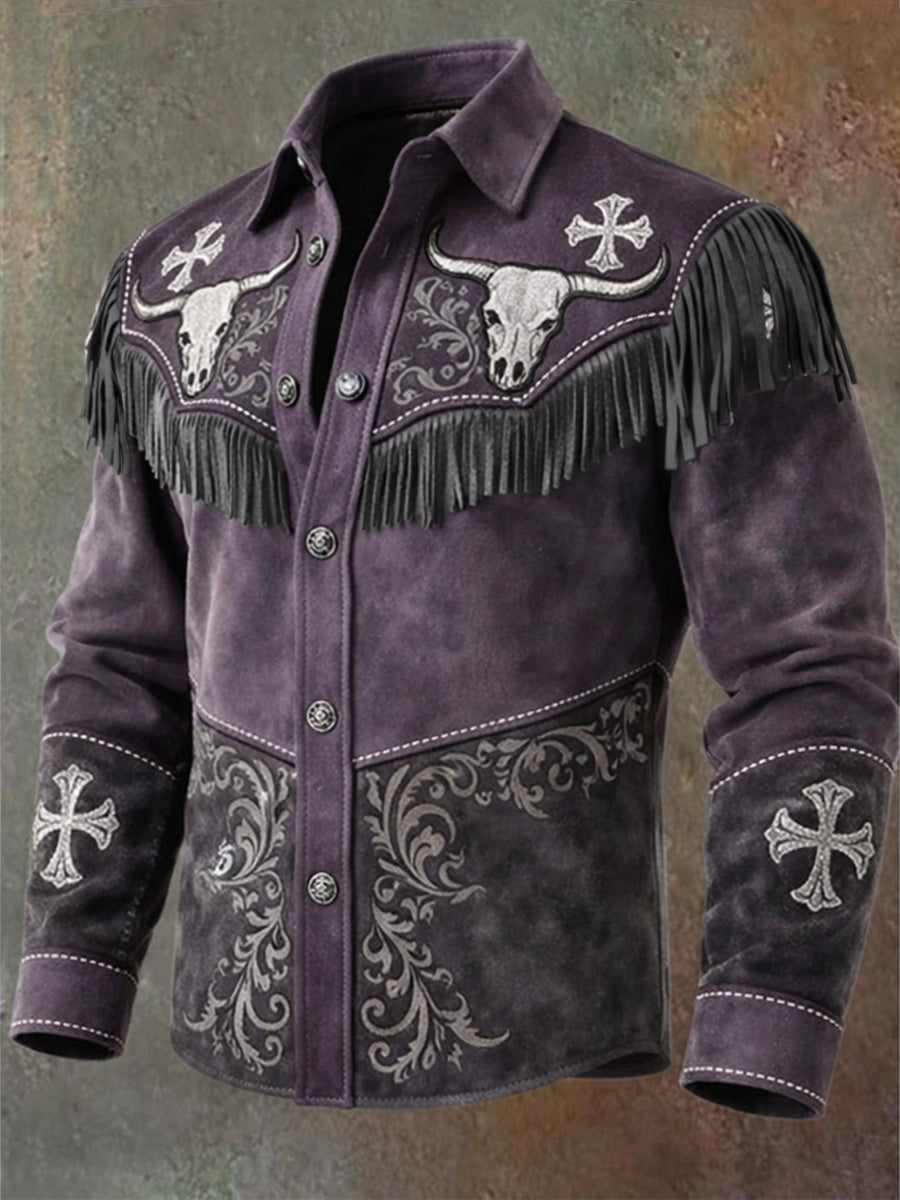 Men's Retro Western Style Art Print Vintage Tassel Casual Long Sleeve Shirt